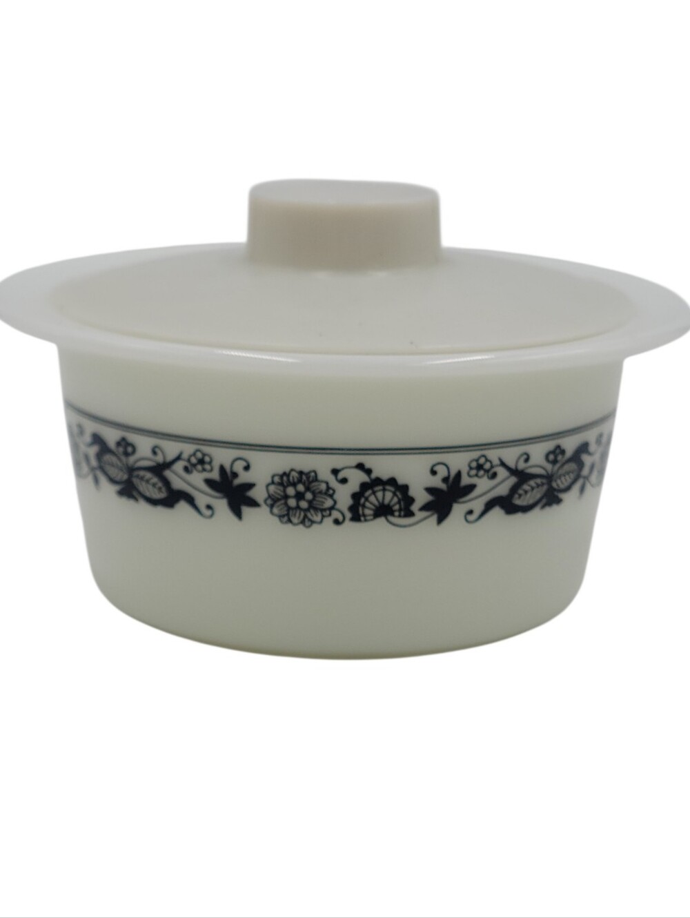 Pyrex Corelle Old Town Blue Round Butter Tub & Lid White Milk Glass Navy Pattern